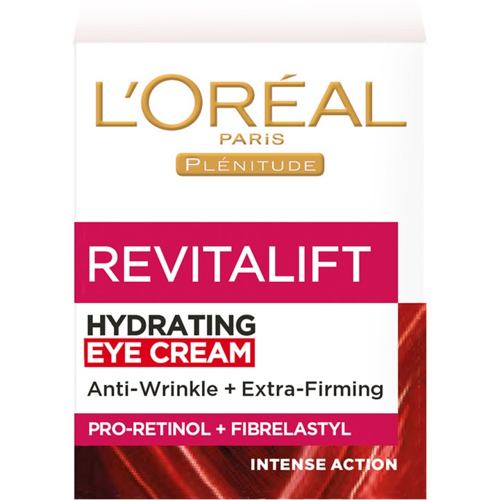 L'Oréal Paris Revitalift Eye Cream 15 ml mot rynker i hvit eske med rød og gullfarget tekst.