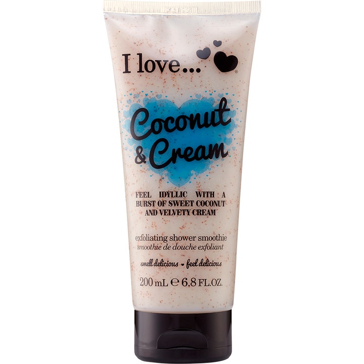 I Love Coconut & Cream 200 ml eksfolierende dusjskrubb i tube som gir myk hud med synlige korn og et blått hjerte.