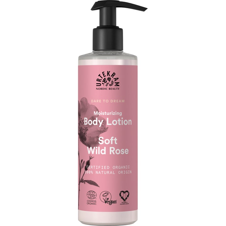 Urtekram Soft Wild Rose Body Lotion fuktighetsgivende kroppskrem på flaske med pumpe og rosa etikett med villrose