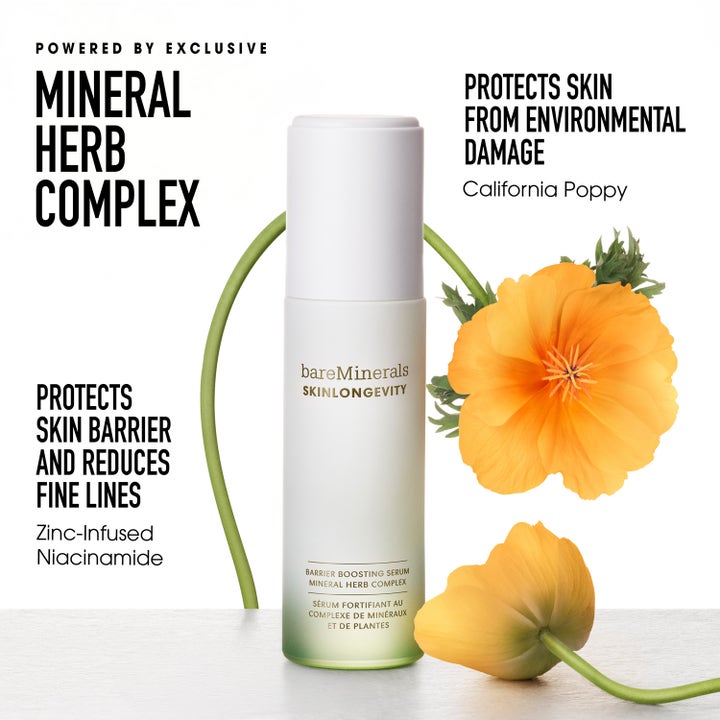 bareMinerals Skinlongevity Serum 50 ml i frostet glassflaske med Mineral Herb Complex og gul valmue