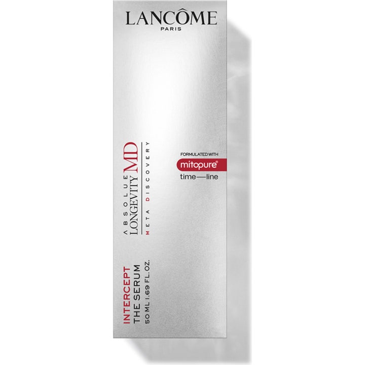 Lancôme Absolue Longevity MD Intercept The Serum 50 ml fornyende ansiktsserum i sølvfarget pakning med Mitopure.