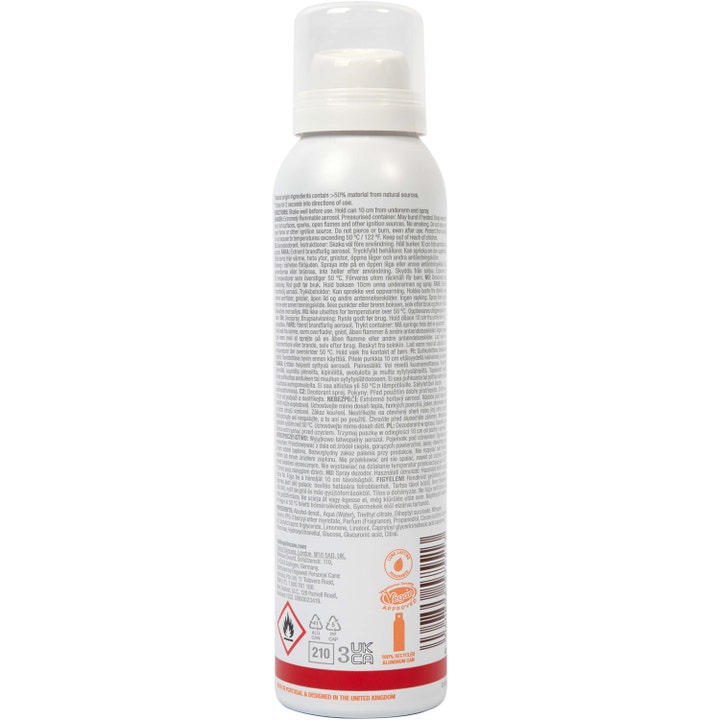 Bulldog Spray Deodorant Bergamot &amp; Sandalwood 125 ml vegansk deodorant spray baksiden av hvit boks gir langvarig duft
