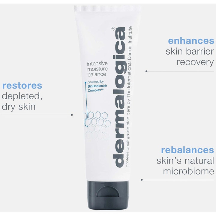Dermalogica Intensive Moisture Balance 50 ml fuktighetsgivende ansiktskrem i hvit tube som gjenoppretter tørr hud.