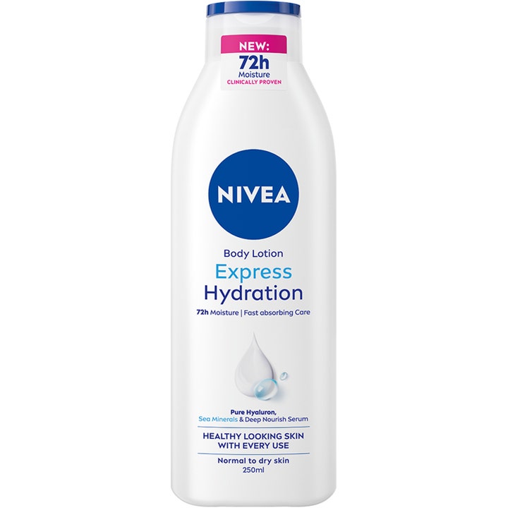 Nivea Express Hydration 250ml fuktighetsgivende body lotion i hvit plastflaske med blått lokk.