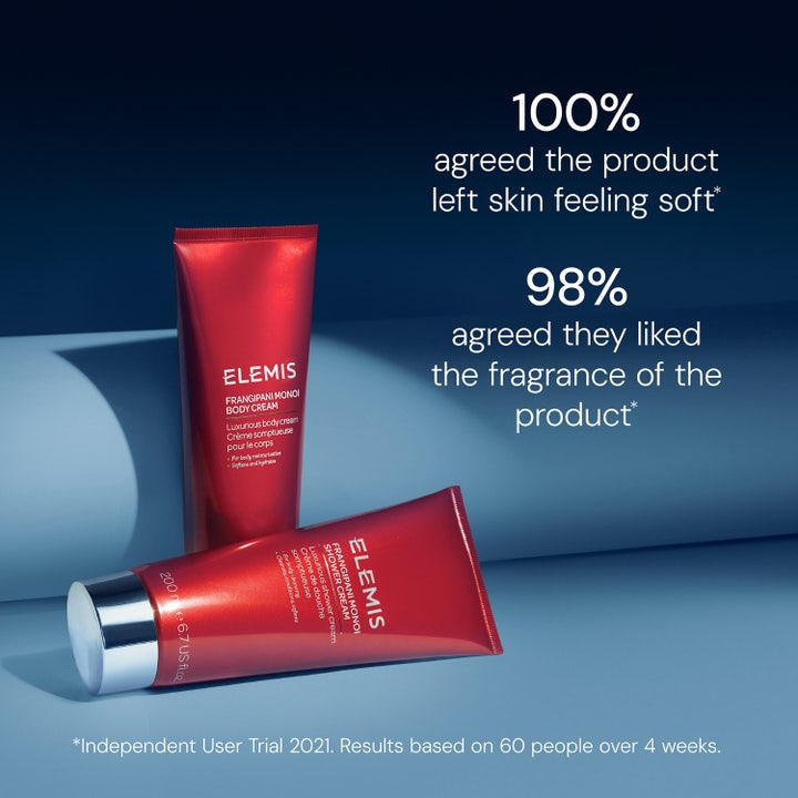 Elemis Frangipani Monoi Body Cream 200 ml mykgjørende kroppskrem i røde tuber med tekst om myk hud og duft.