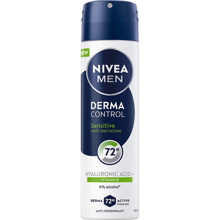 Nivea Men Derma Control 150 ml anti-perspirant spray som gir 72 timers beskyttelse i hvit og mørkeblå beholder
