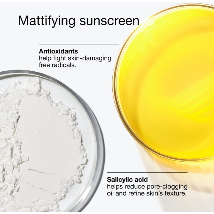 Clinique UV Solutions Mattifying Sunscreen SPF 50 40 ml solkrem med gult ekstrakt og hvitt pudder i petriskåler.