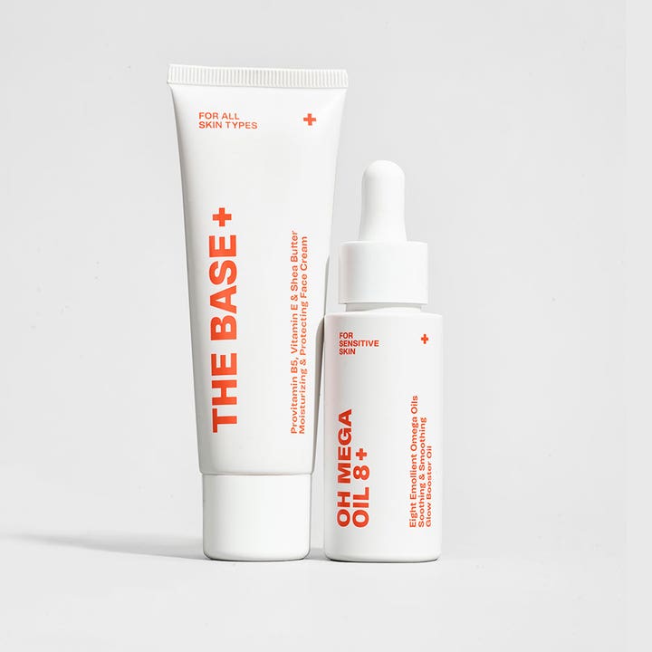 Swiss Clinic Oh Mega Oil 8 30 ml ansiktsolje og ansiktskrem i hvit tube og hvit pipetteflaske som gir glød