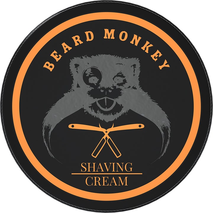 Beard Monkey Shaving Cream 100ml barberkrem i boks med oransje detaljer og ape-logo med barberkniver