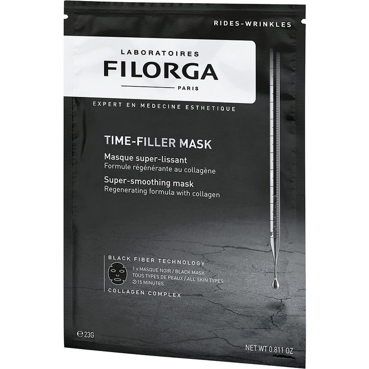 Filorga Time-Filler Mask 23g ansiktsmaske mot rynker i sort engangspose med hvit tekst og pipette-motiv