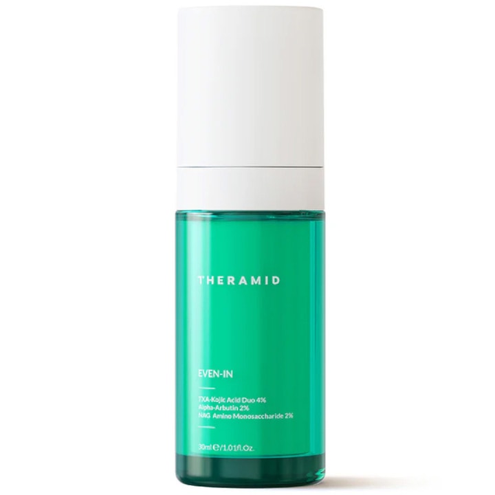 Theramid Even-In 30ml serum som gir jevnere hudtone i en turkis gjennomsiktig flaske med hvit kork.