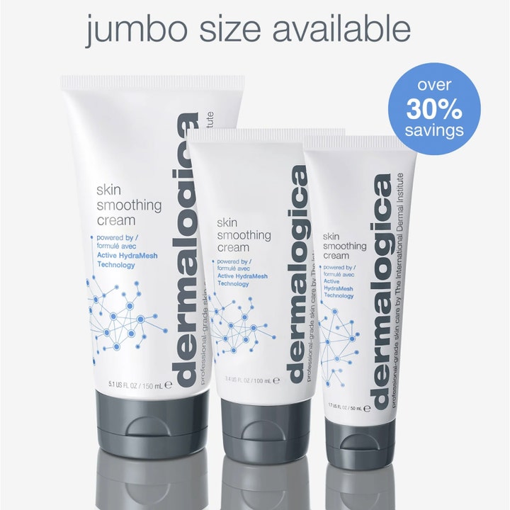 Dermalogica Skin Smoothing Cream fuktighetskrem i tre hvite tuber som viser jumbo size og sparingsmuligheter.