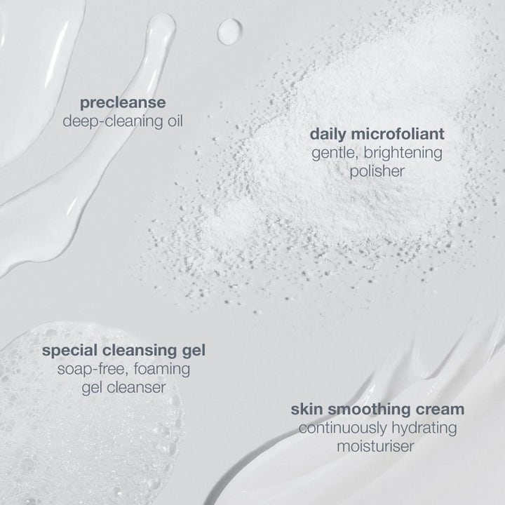 Dermalogica Discover Healthy Skin Kit hudpleiesett med teksturer av rensende olje, pulver, skummende gel og krem