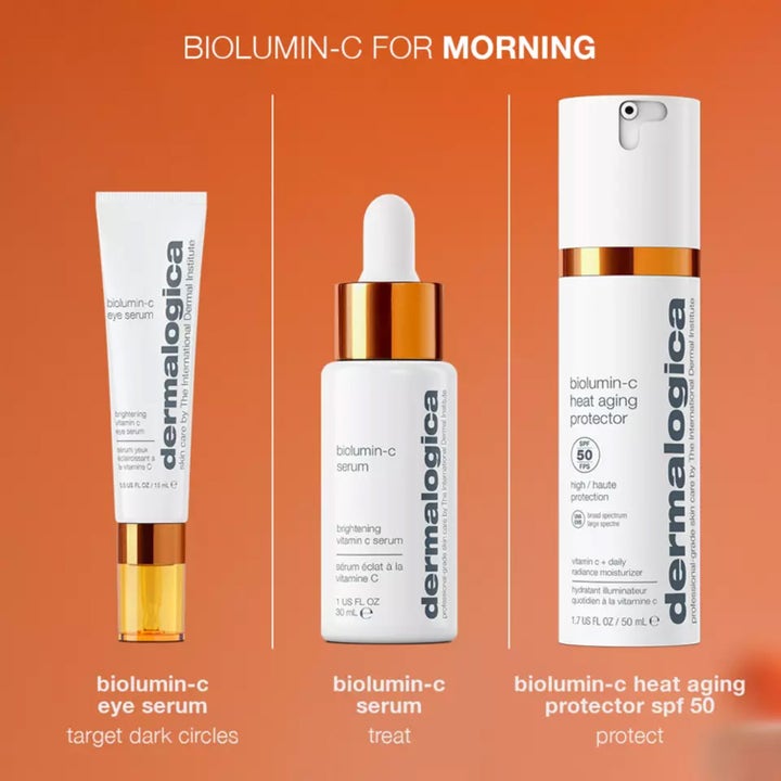 Dermalogica Biolumin-C Heat Aging Protector SPF50 15 ml dagkrem i hvit pumpeflaske med gulldetaljer