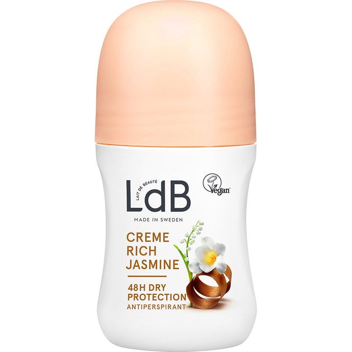 LdB Creme Rich Jasmine antiperspirant roll-on gir 48 timers tørr beskyttelse i hvit flaske med ferskenfarget kork og blomster