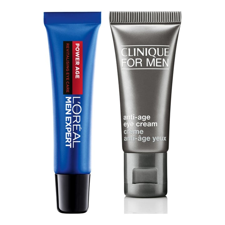 L'Oréal Men Expert og Clinique For Men øyekrem i blå og grå tuber som gir fuktighet og motvirker aldringstegn.