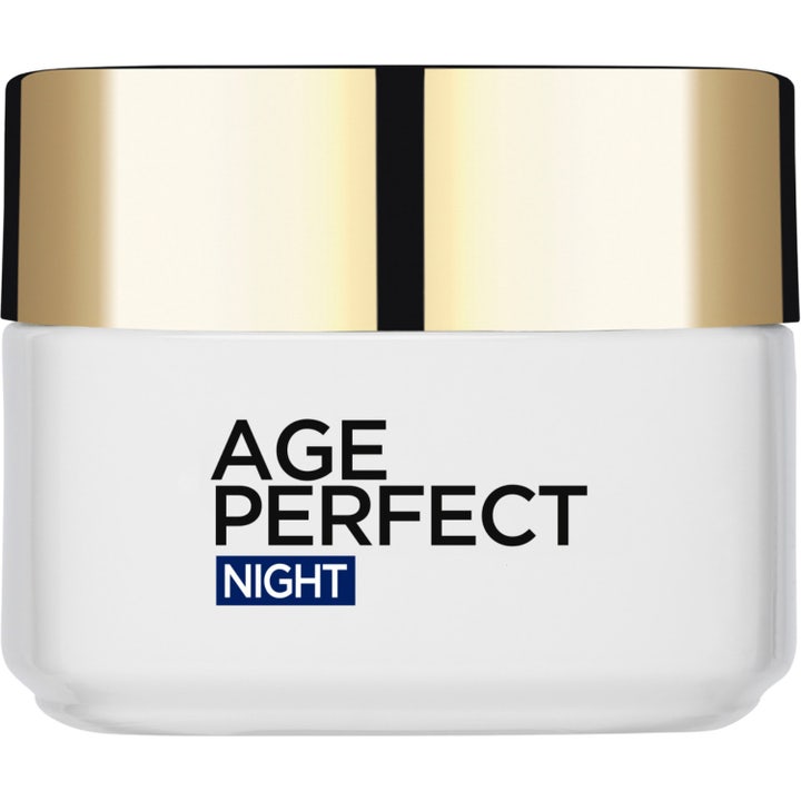 L'Oréal Paris Age Perfect Night 50 ml nattkrem mot aldringstegn i hvit glasskrukke med et skinnende gullfarget lokk
