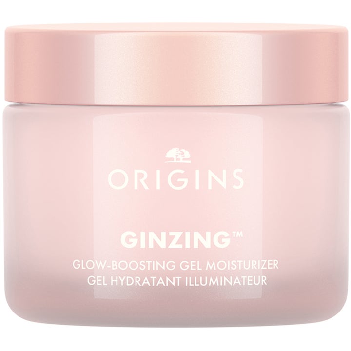Origins GinZing Glow-Boosting Gel Moisturizer ansiktskrem som gir glød i en lys rosa krukke av frostet glass