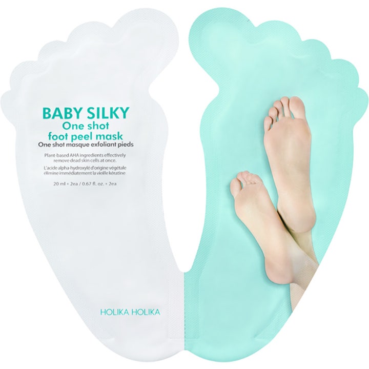 Holika Holika Baby Silky One Shot Foot Peel Mask 40 ml eksfolierende fotmaske i hvit og mintgrønn fotformet pakning