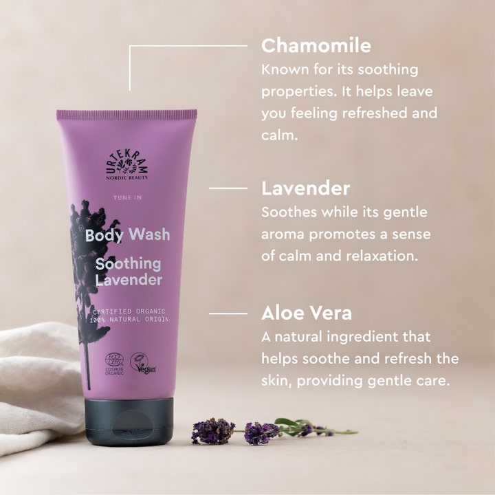 Urtekram Body Wash Soothing Lavender 200 ml dusjsåpe med kamille og aloe vera i lilla tube som beroliger huden