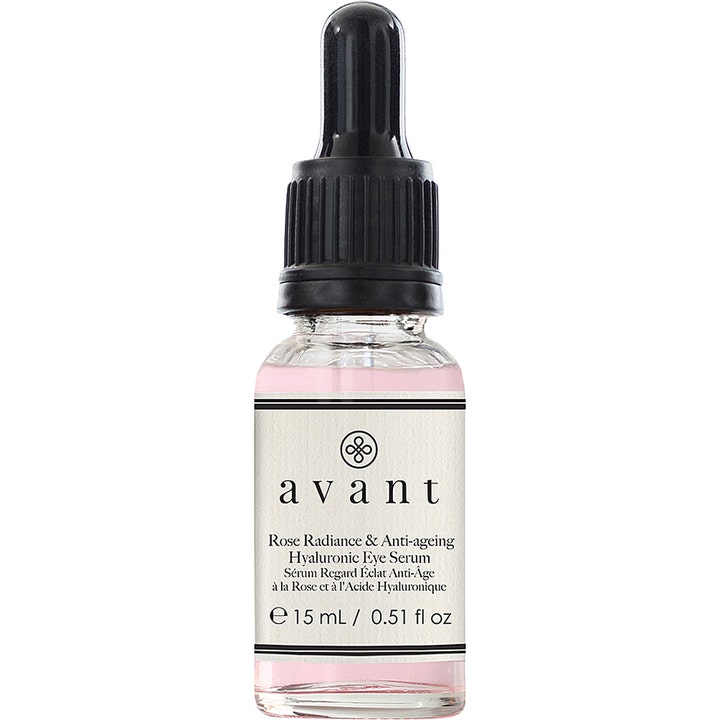 Avant Rose Radiance & Anti-ageing Hyaluronic Eye Serum 15 ml gir glød i glassflaske med rosa serum og svart kork