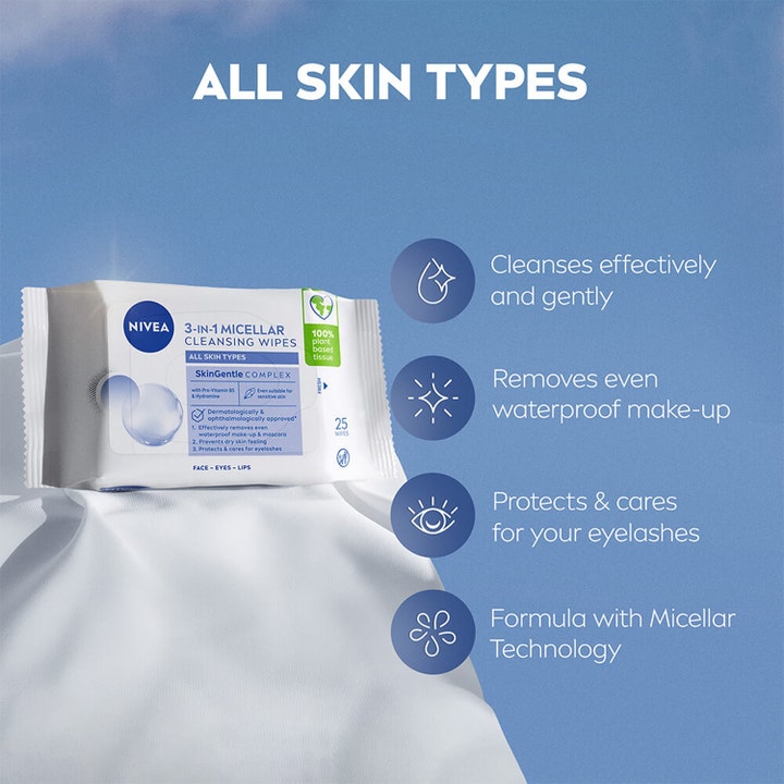 NIVEA MicellAIR Expert Wipes 25 stk sminkefjerner fjerner vannfast sminke og pleier øyevipper i hvit pakning