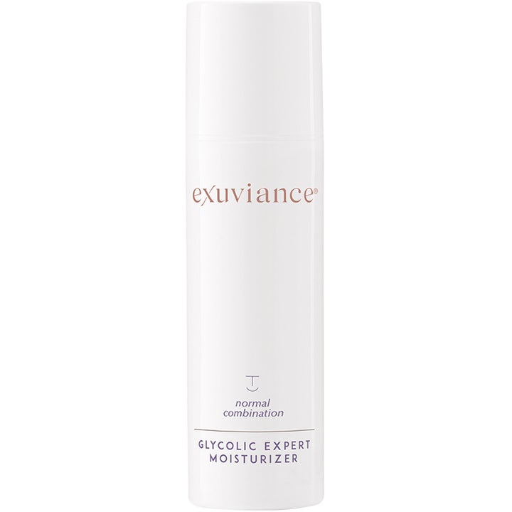 Exuviance Glycolic Expert Moisturizer eksfolierende ansiktskrem med glykolsyre i hvit sylindrisk pumpeflaske.