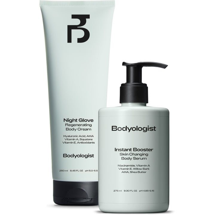 Bodyologist Skin Changing Body Essentials 1 stk kroppspleie med AHA og niacinamid i lysegrå tube og flaske med pumpe