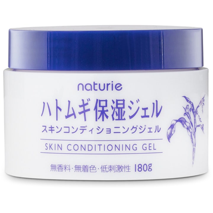 Naturie Hatomugi Skin Conditioning Gel 180g pleiende ansiktsgel i hvit krukke med mørkeblått lokk og lilla dekor