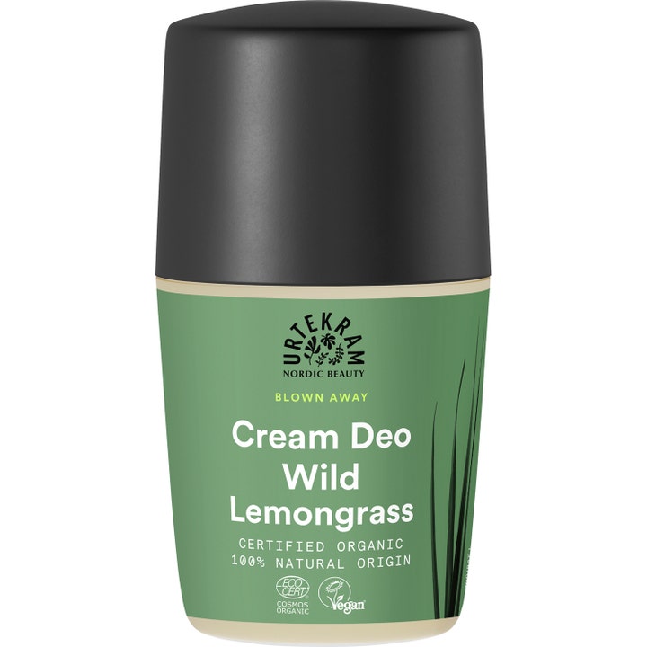 Urtekram Cream Deo Wild Lemongrass 50 ml økologisk deodorant som gir friskhet i flaske med grønn etikett og sort kork