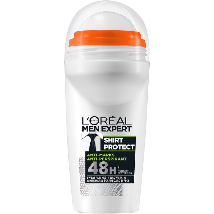 L'Oréal Men Expert Shirt Protect 50ml roll-on deodorant gir beskyttelse mot merker i hvit hylse med oransje detaljer.