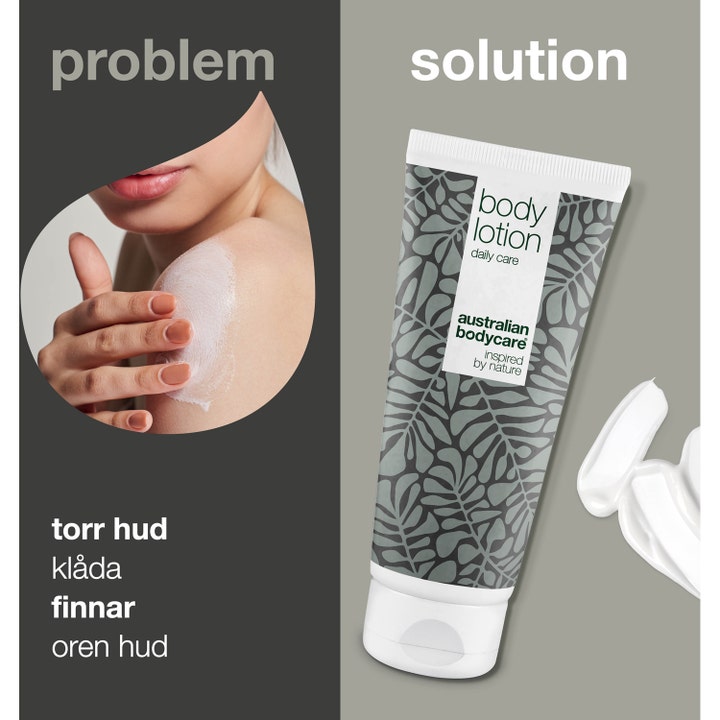 Australian Bodycare Body Lotion 200 ml pleier torr hud og oren hud i hvit og grå tube med kremet tekstur