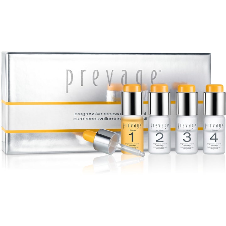 Elizabeth Arden Prevage Progressive Renewal Treatment 4x10ml hudfornyende peeling i fire nummererte flasker med gule korker.