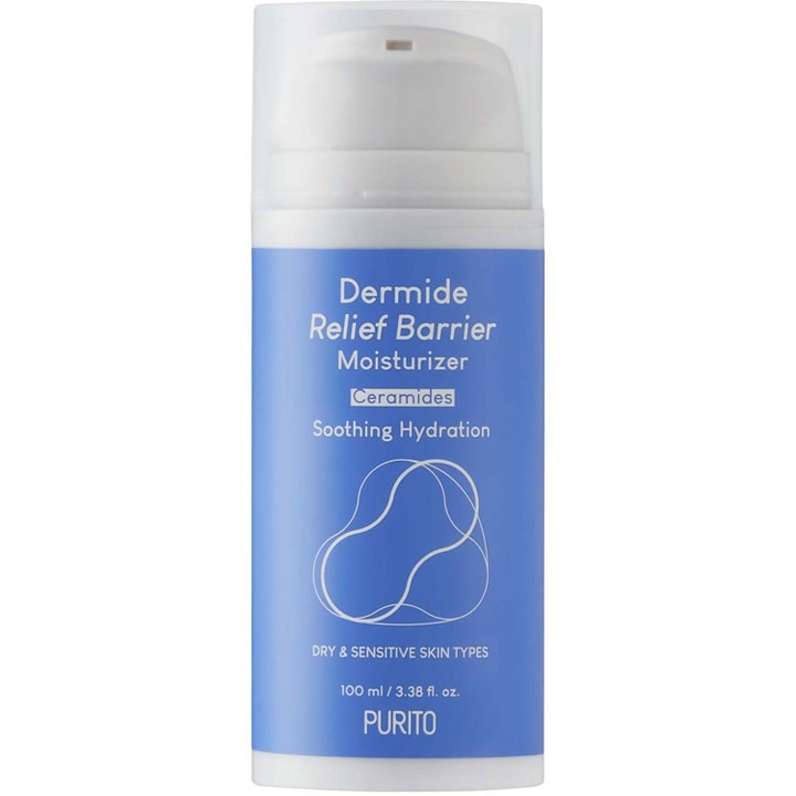 Purito Dermide Relief Barrier Moisturizer 100 ml beroligende ansiktskrem med ceramider i hvit pumpeflaske med blå etikett