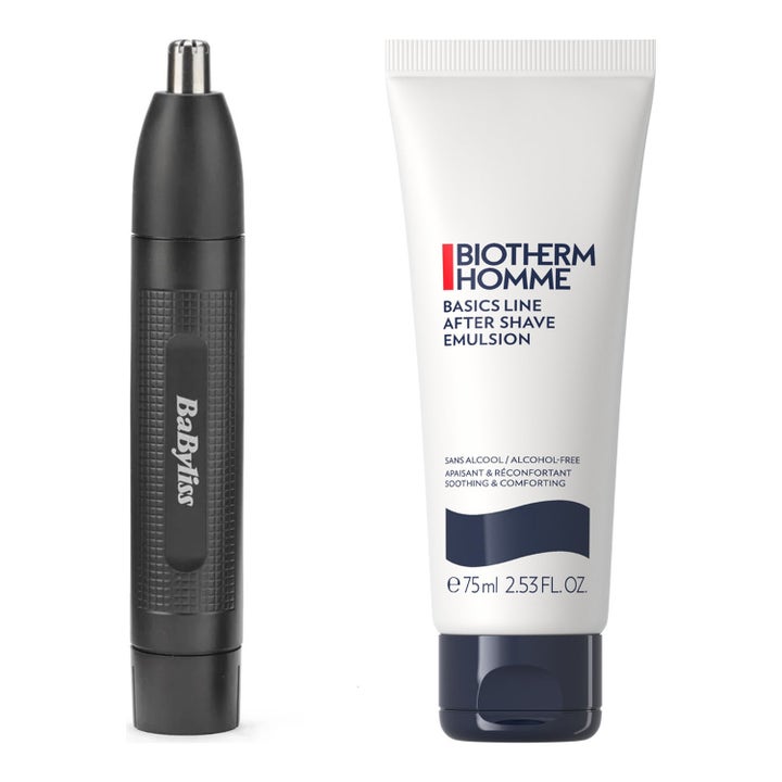 BaByliss Men nesehårstrimmer og Biotherm Homme After Shave Emulsion 75 ml for ansiktspleie i svart hylse og hvit tube