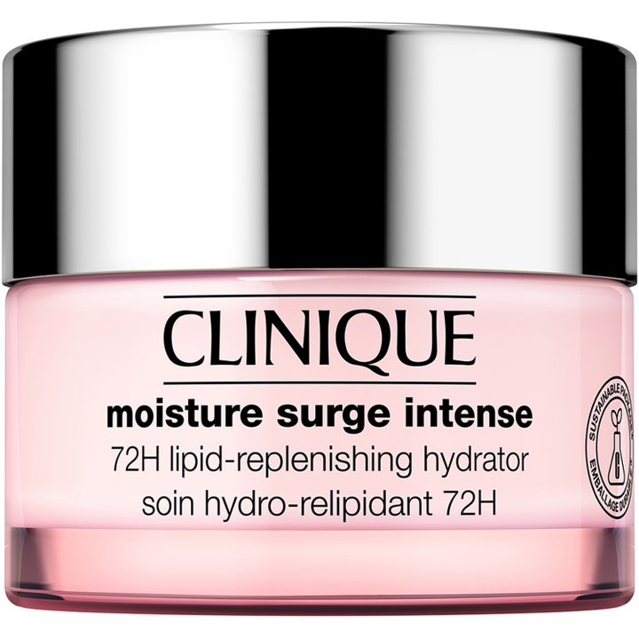 Clinique Moisture Surge Intense 72H Lipid-Replenishing Hydrator fuktighetskrem i rosa krukke med sølvfarget lokk