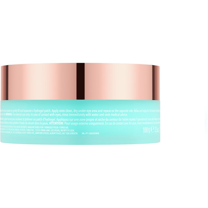 FOREO IRIS Hydrating Hydrogel Eye Mask 60 g fuktighetsgivende øyemasker i turkis krukke med rosegullfarget lokk