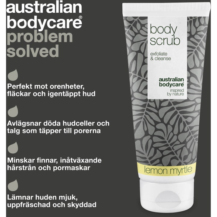 Australian Bodycare Body Scrub Lemon Myrtle 200 ml eksfolierende kroppsskrubb i tube med informativ tekst