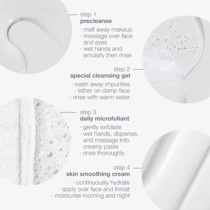 Dermalogica Discover Healthy Skin Kit hudpleiesett viser teksturene til rens, peeling og fuktighetsgivende ansiktskrem.