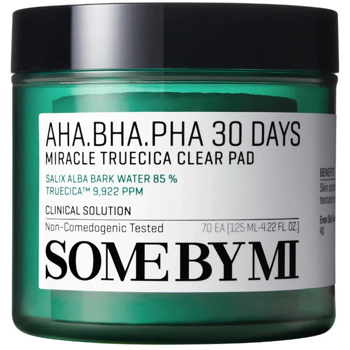 Some By Mi AHA BHA PHA 30 Days Miracle Truecica Clear Pad 70 stk eksfolierende pads i grønn krukke