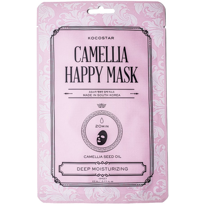 Kocostar Camellia Happy Mask 23 ml fuktighetsgivende ansiktsmaske i rosa mønstret sachet