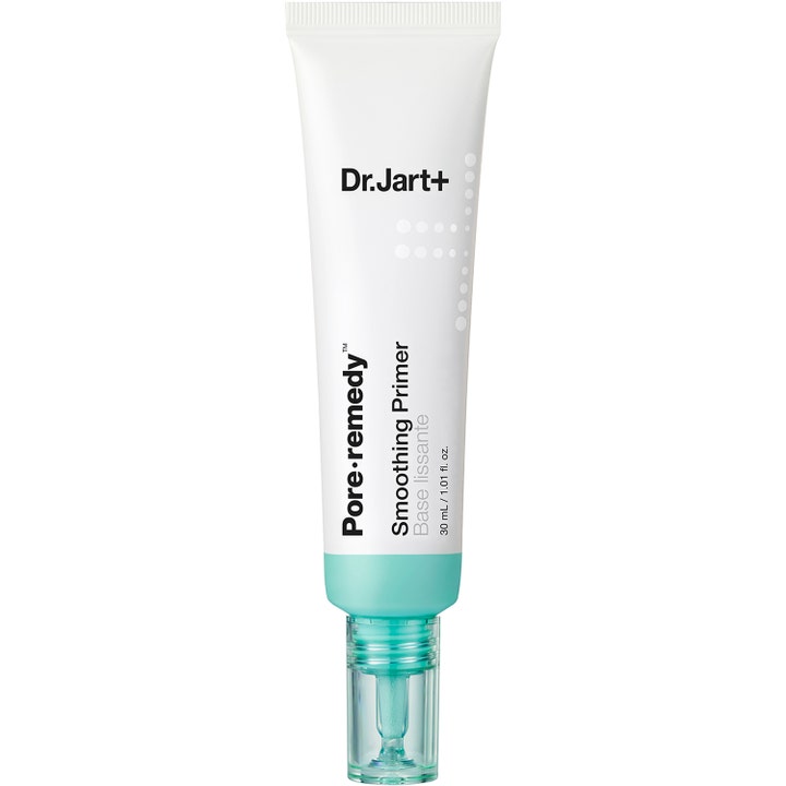 Dr.Jart+ Pore-remedy Smoothing Primer 30 ml utjevnende ansiktsprimer i hvit tube med mintgrønn bunn og klar pumpe.