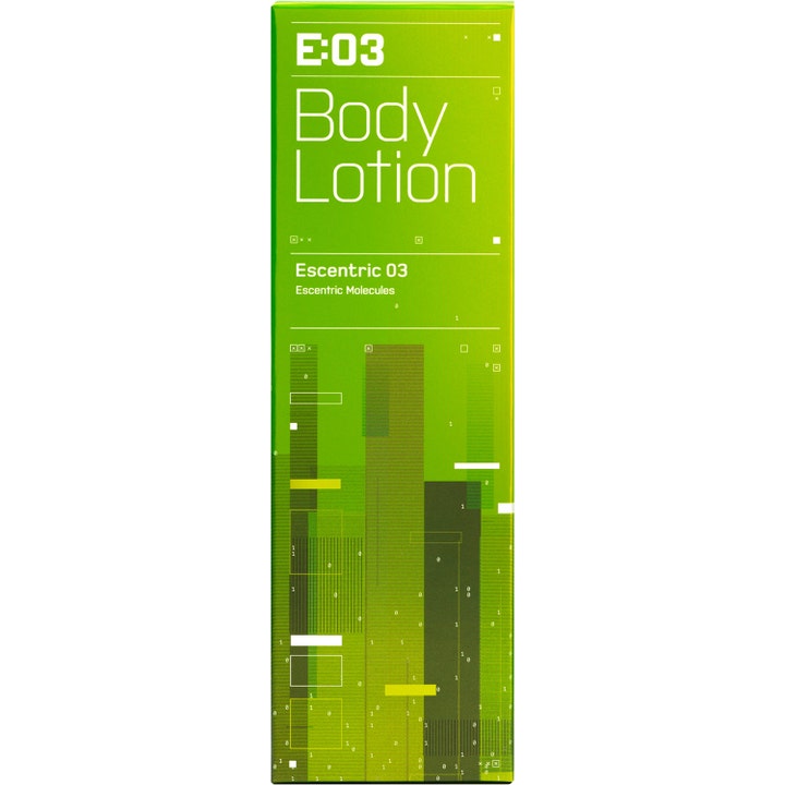 Escentric Molecules Escentric 03 200 ml fuktighetsgivende bodylotion i limegrønn eske med grafisk mønster.