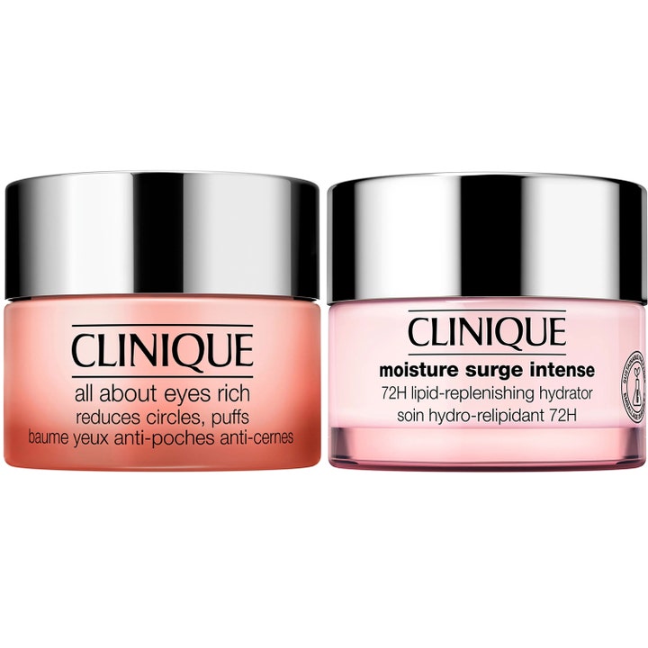 Clinique All About Eyes og Moisture Surge fuktighetskremer i ferskenfargede glasskrukker med sølvlokk