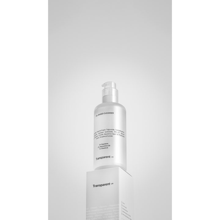 Niche Beauty Lab Transparent Lab Oil-Based Cleanser 200 ml ansiktsrens med squalane i hvit pumpeflaske på eske