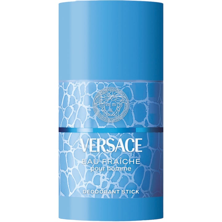 Versace Man Eau Fraîche 75ml deodorant stick gir friskhet i en lyseblå hylse med turkist vannmønster og sølvlogo.