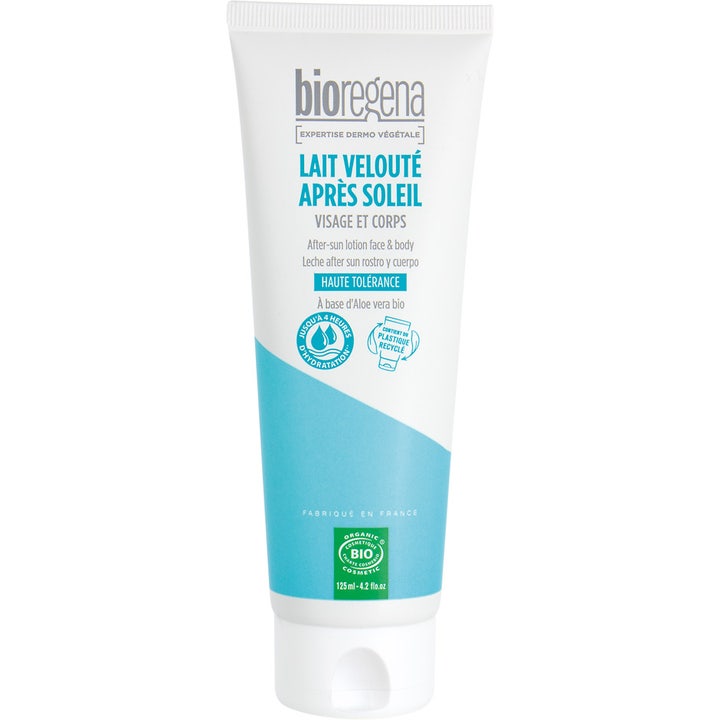 Bioregena Lait Velouté Après Soleil 125 ml fuktgivende aftersun i hvit tube med blått mønster og aloe vera