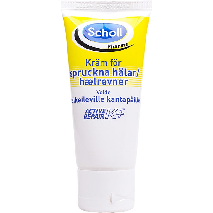 Scholl Pharma Active Repair K+ fotkrem mot hælrevner i hvit og gul plasttube som reparerer og pleier huden