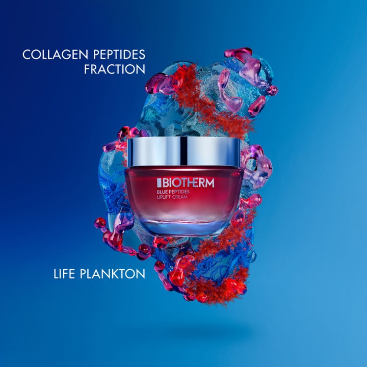 Biotherm Blue Peptides Uplift Moisturizing Cream 50 ml oppstrammende dagkrem i rød krukke med Life Plankton.