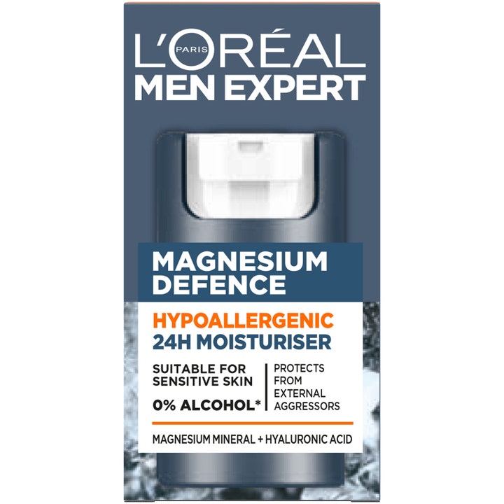 L'Oréal Paris Men Expert Magnesium Defence 50 ml fuktighetskrem i blå eske beskytter sensitiv hud med hyaluronsyre